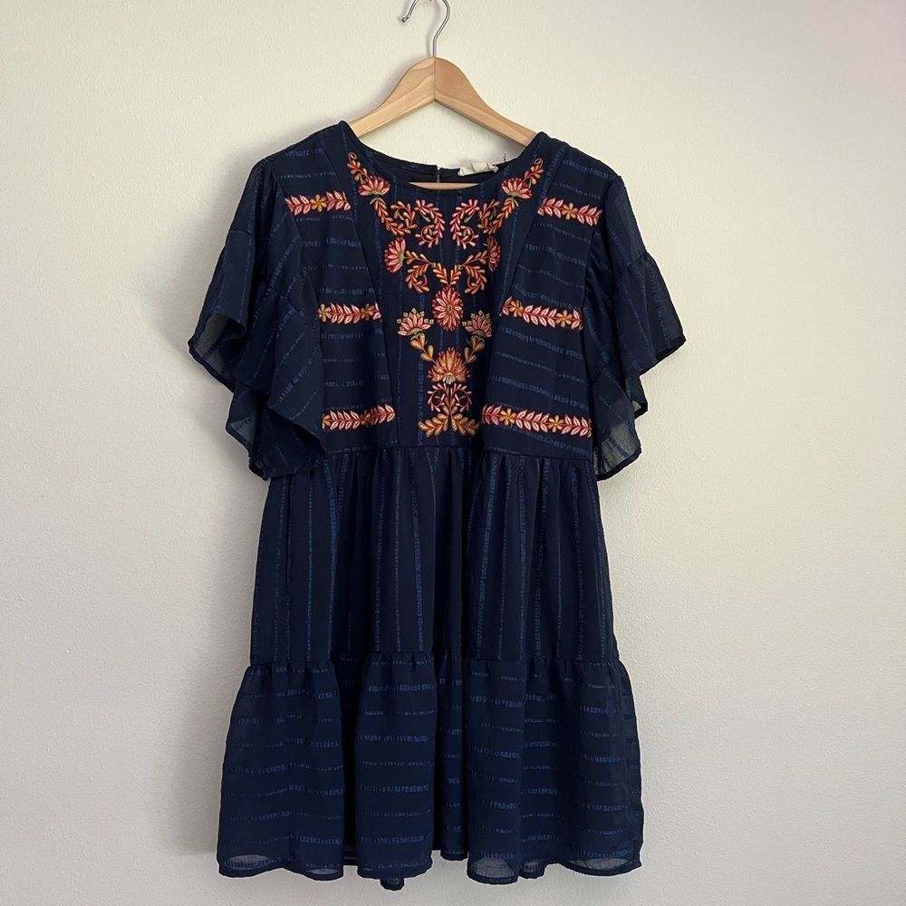 Entro Navy Blue Floral Embroidered Dress Size S